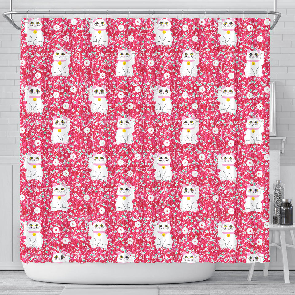 Maneki Neko Lucky Cat Sakura Pink Background Shower Curtain Fulfilled In US