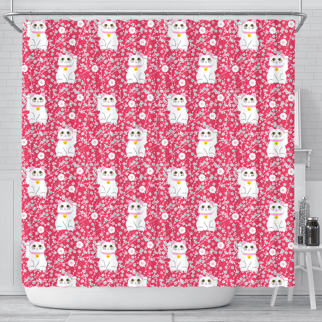 Maneki Neko Lucky Cat Sakura Pink Background Shower Curtain Fulfilled In US