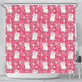 Maneki Neko Lucky Cat Sakura Pink Background Shower Curtain Fulfilled In US