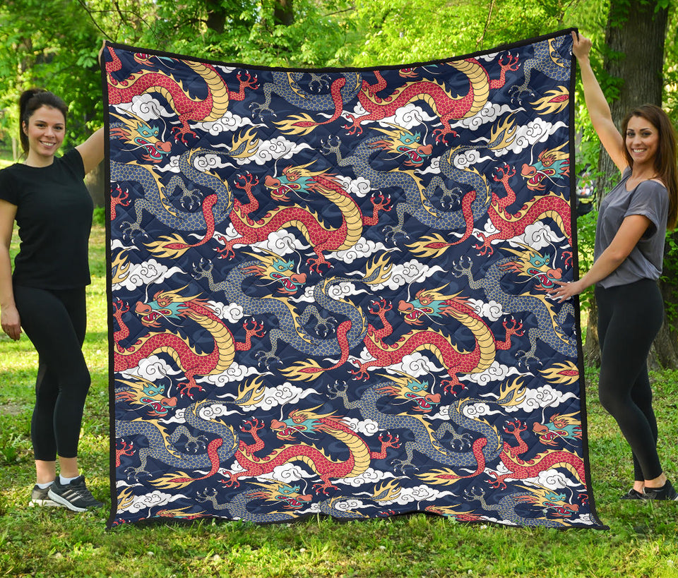 Blue Red Dragon Cloud Pattern Premium Quilt
