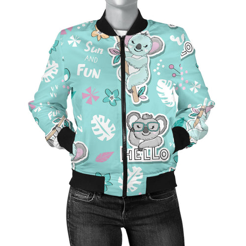 Cute Koalas Blue Background Pattern Women'S Bomber Jacket