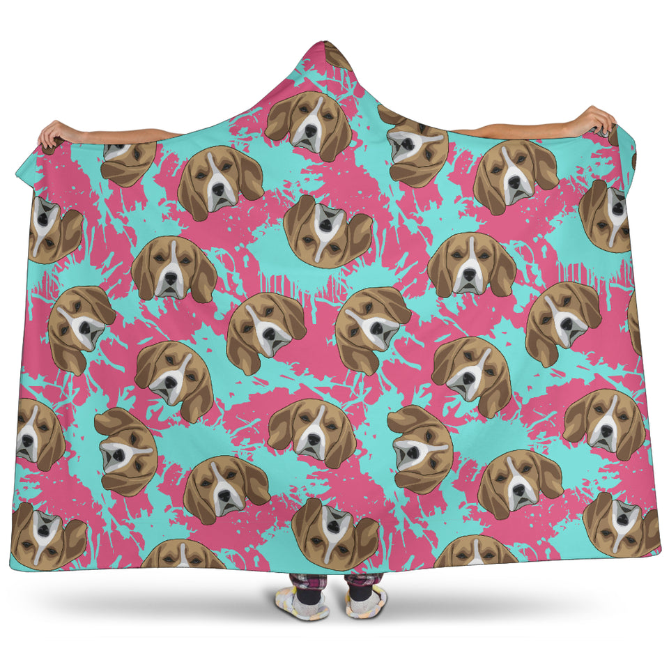 Beagle Muzzles Turquoise Paint Splashes Pink Pattern Hooded Blanket