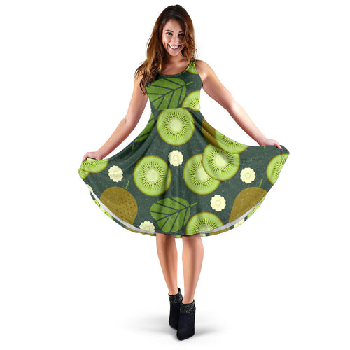 Whole Sliced Kiwi Leave And Flower Sleeveless Midi Dress