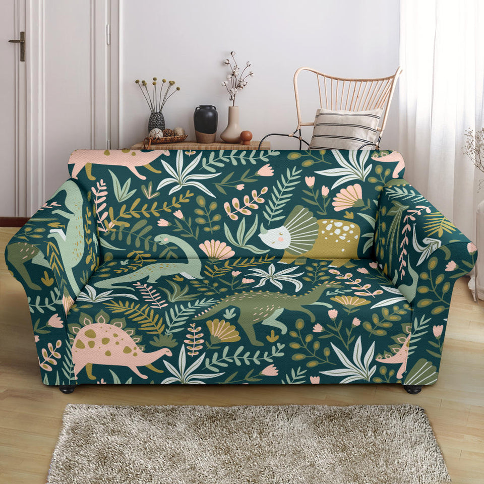 Dinosaurs Tropical Leaves Flower Pattern Loveseat Couch Slipcover