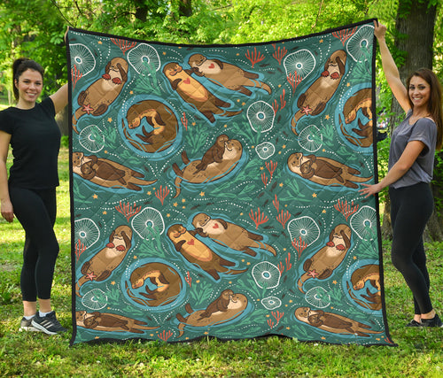 Cute Brown Sea Otters Ornamental Seaweed Corals Green Water Premium Quilt