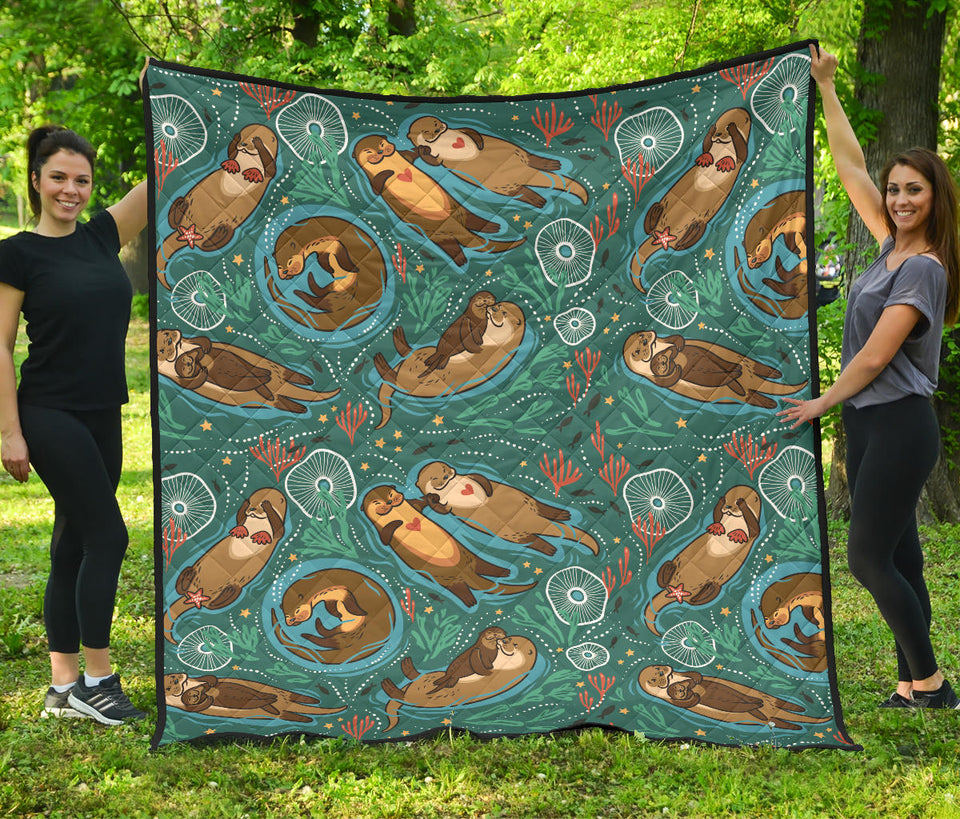 Cute Brown Sea Otters Ornamental Seaweed Corals Green Water Premium Quilt