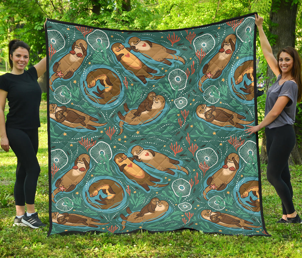 Cute Brown Sea Otters Ornamental Seaweed Corals Green Water Premium Quilt