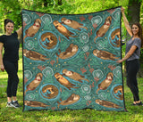 Cute Brown Sea Otters Ornamental Seaweed Corals Green Water Premium Quilt