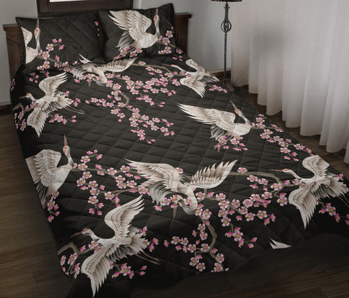 Japanese crane pink sakura pattern Quilt Bed Set