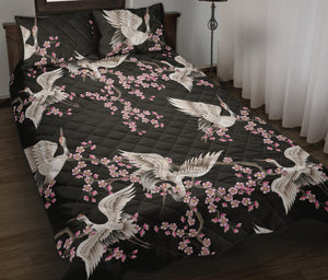 Japanese crane pink sakura pattern Quilt Bed Set