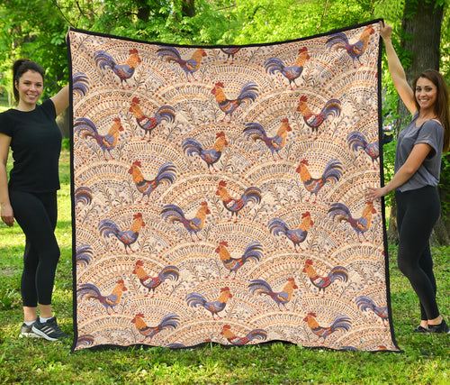 Cute Rooster Chicken Cock Floral Ornament Background Premium Quilt