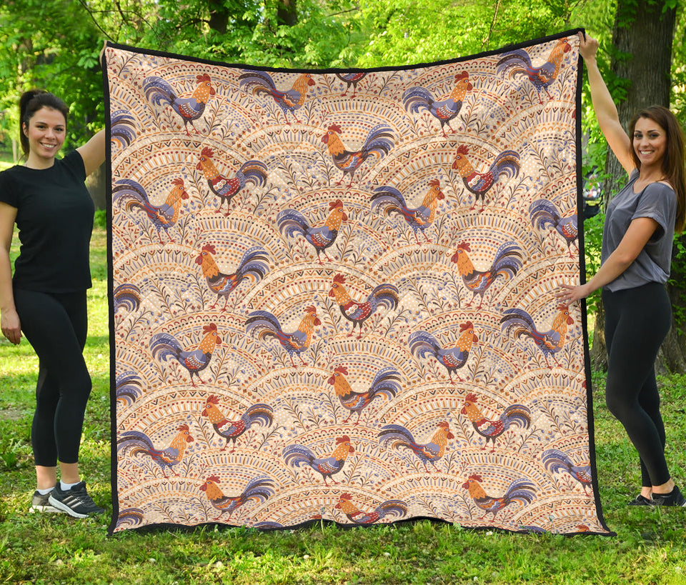 Cute Rooster Chicken Cock Floral Ornament Background Premium Quilt
