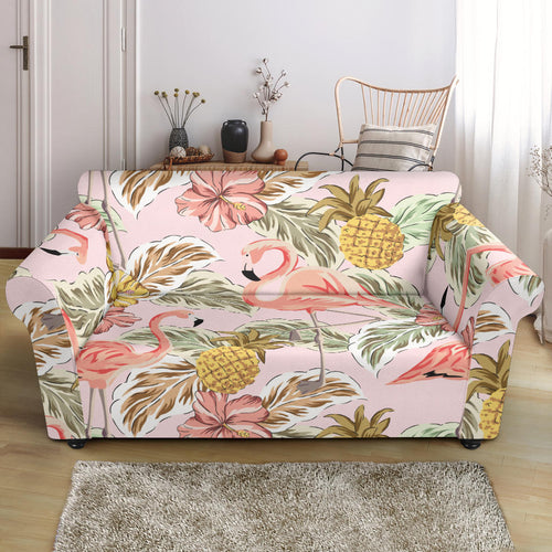 Pink Flamingo Birds Pineapples Hibiscus Flower Pattern Loveseat Couch Slipcover