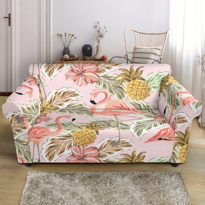 Pink Flamingo Birds Pineapples Hibiscus Flower Pattern Loveseat Couch Slipcover