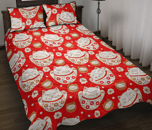 Cute Maneki Neko Lucky Cat red background Quilt Bed Set