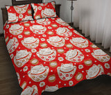 Cute Maneki Neko Lucky Cat red background Quilt Bed Set