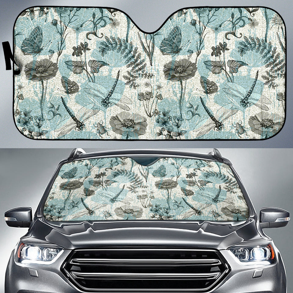Dragonfly Butterfly Plants Insect Flower Vintage Style Pattern Car Sun Shade