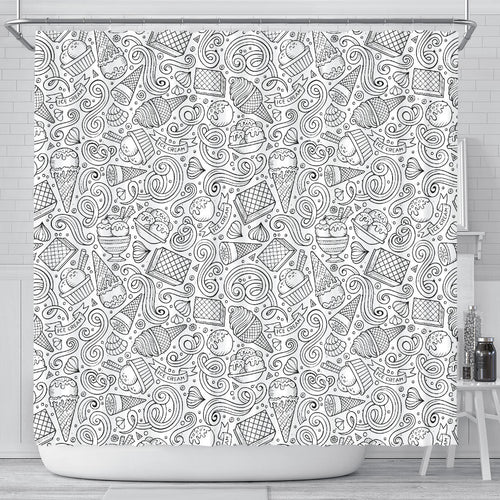 Cartoon Hand Drawn Ice Cream Black White Shower Curtain Fulfilled In US