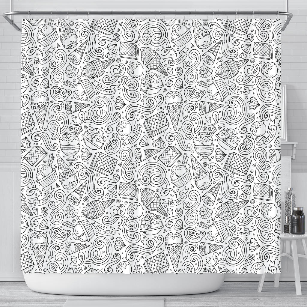 Cartoon Hand Drawn Ice Cream Black White Shower Curtain Fulfilled In US