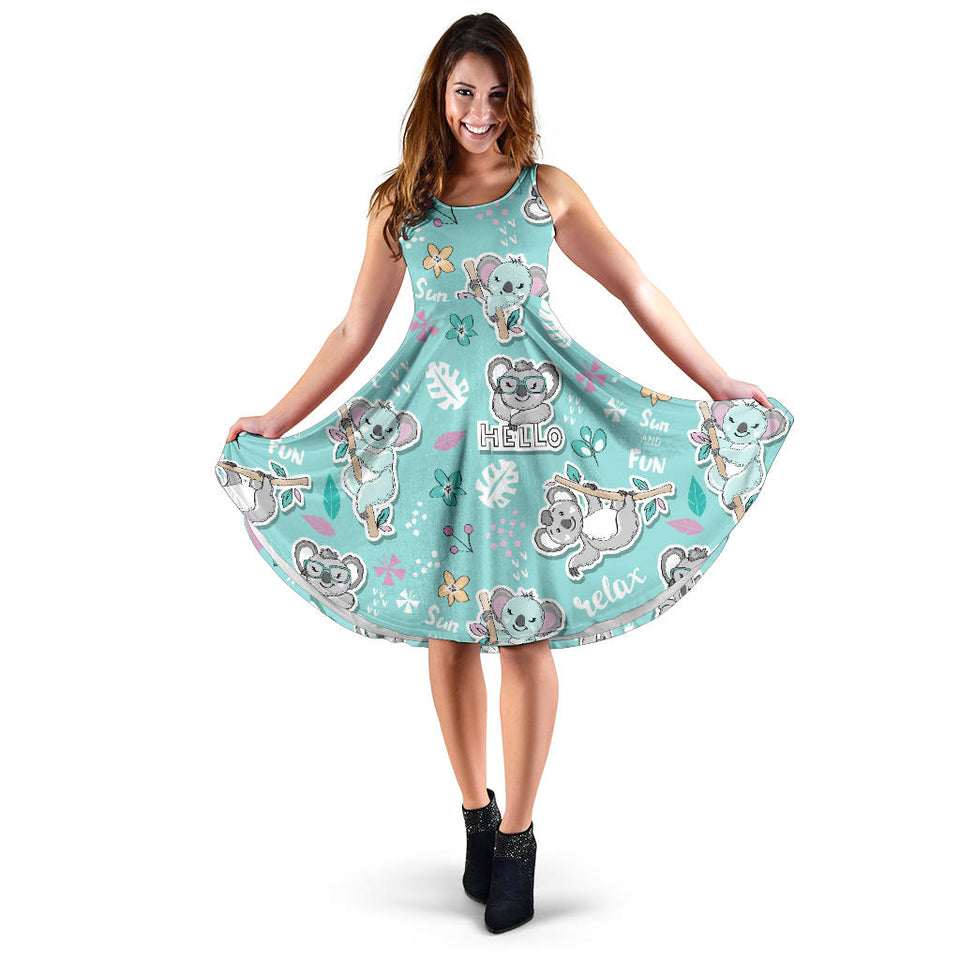 Cute Koalas Blue Background Pattern Sleeveless Midi Dress