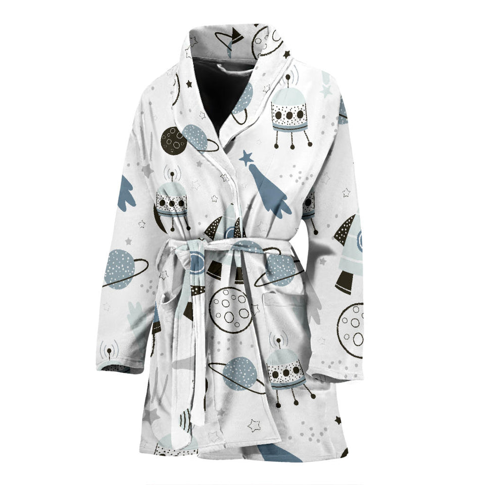Hand Drawn Space Elements Space Rocket Star Planet Space Probe Women'S Bathrobe