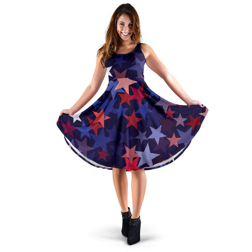 Red Blue Star Pattern Sleeveless Midi Dress