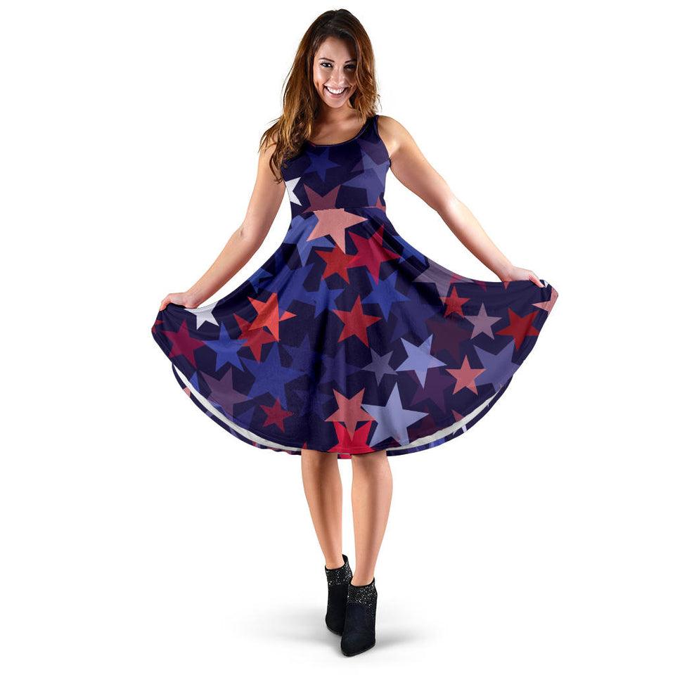 Red Blue Star Pattern Sleeveless Midi Dress