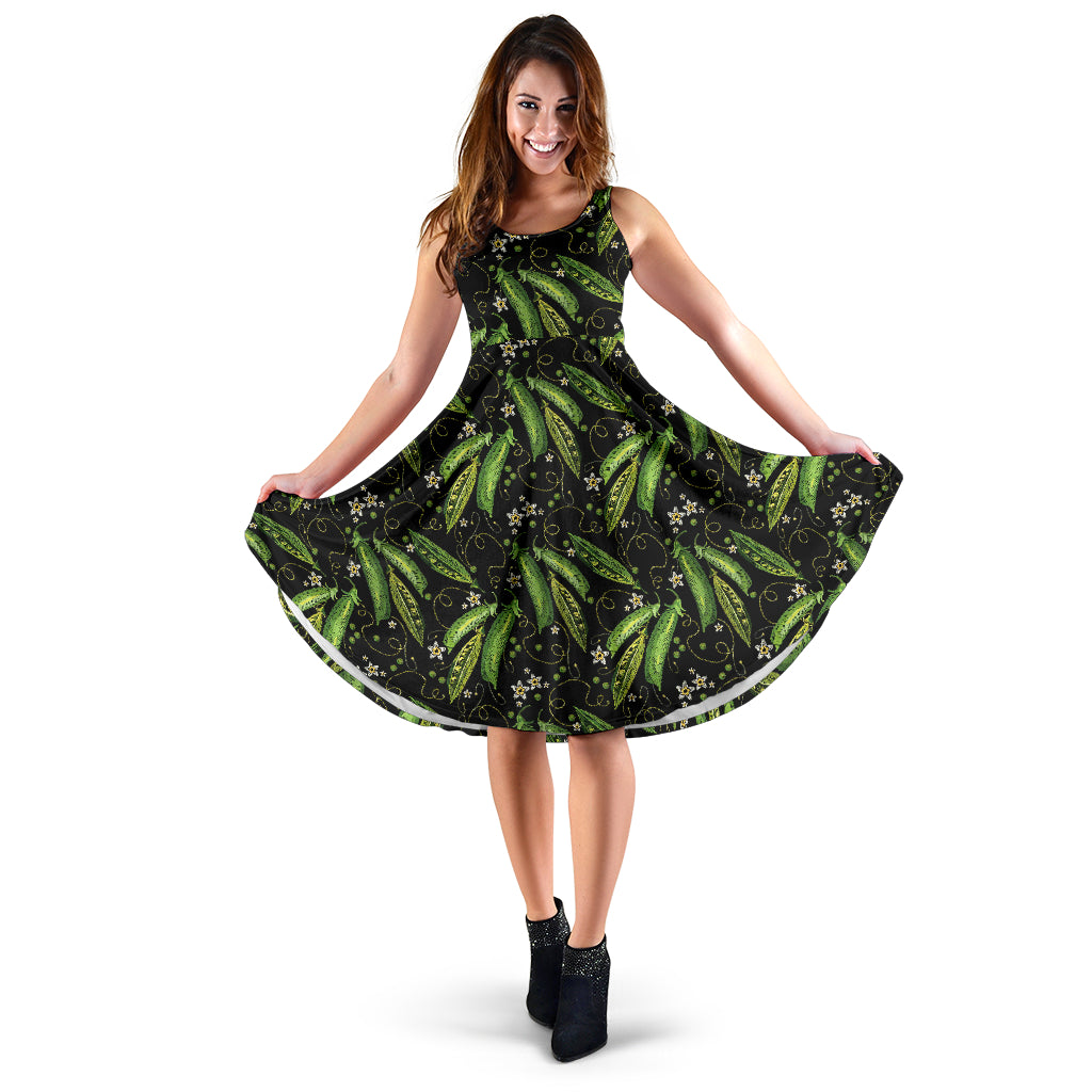 Green Peas Pattern Print Design 02 Sleeveless Midi Dress