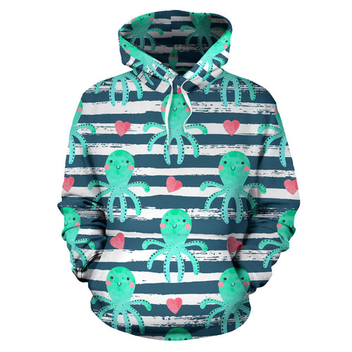 Cute Octopuses Heart Striped Background Men Women Pullover Hoodie