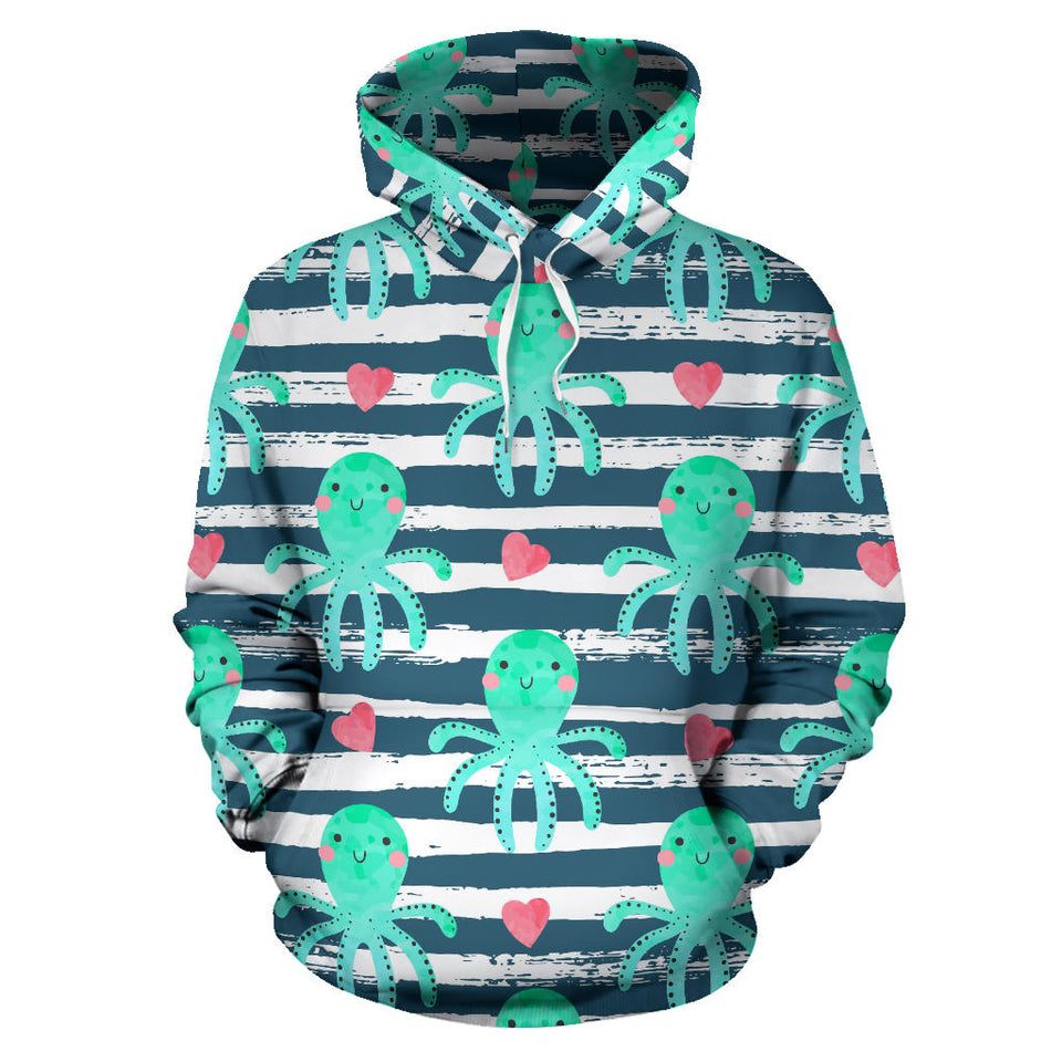 Cute Octopuses Heart Striped Background Men Women Pullover Hoodie