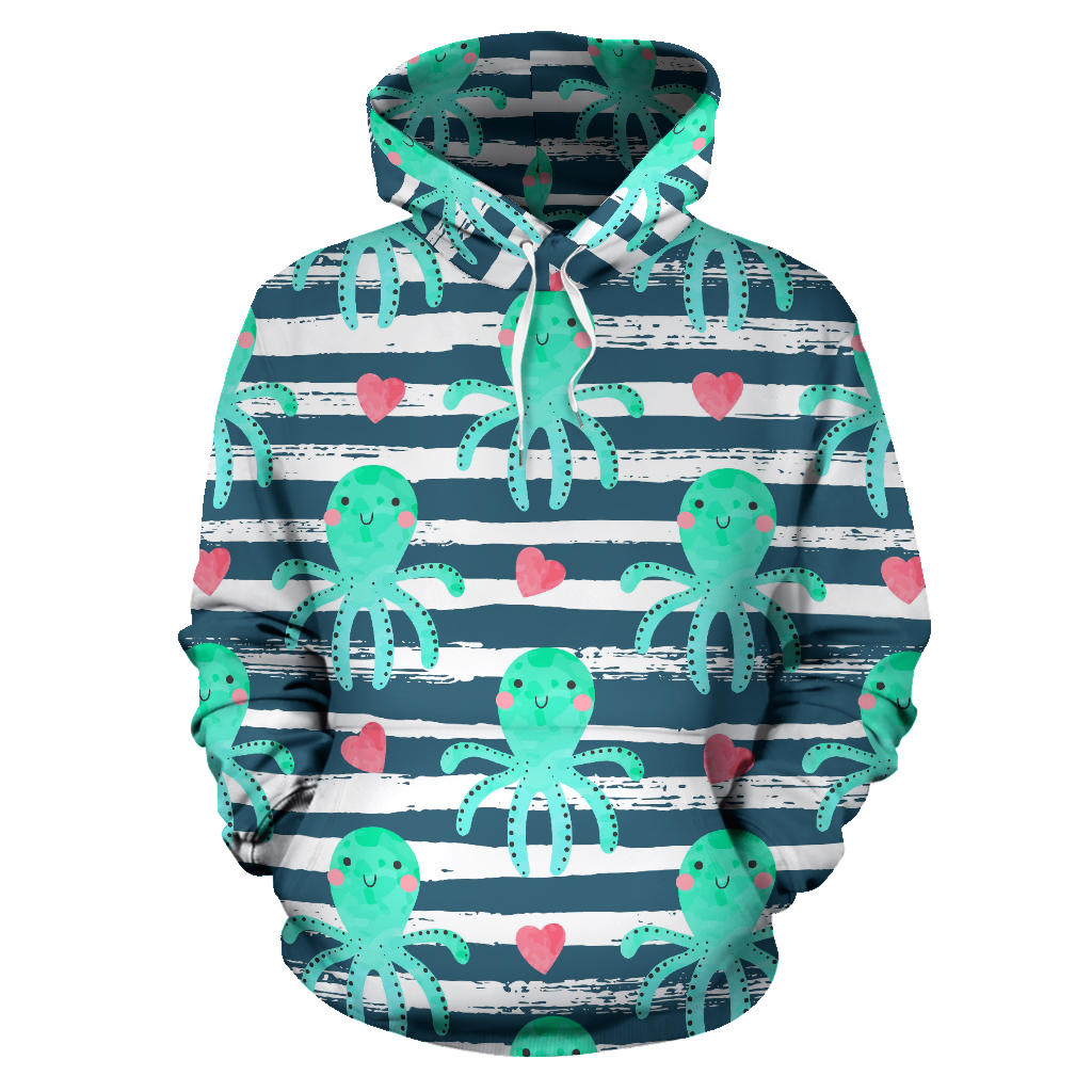 Cute Octopuses Heart Striped Background Men Women Pullover Hoodie