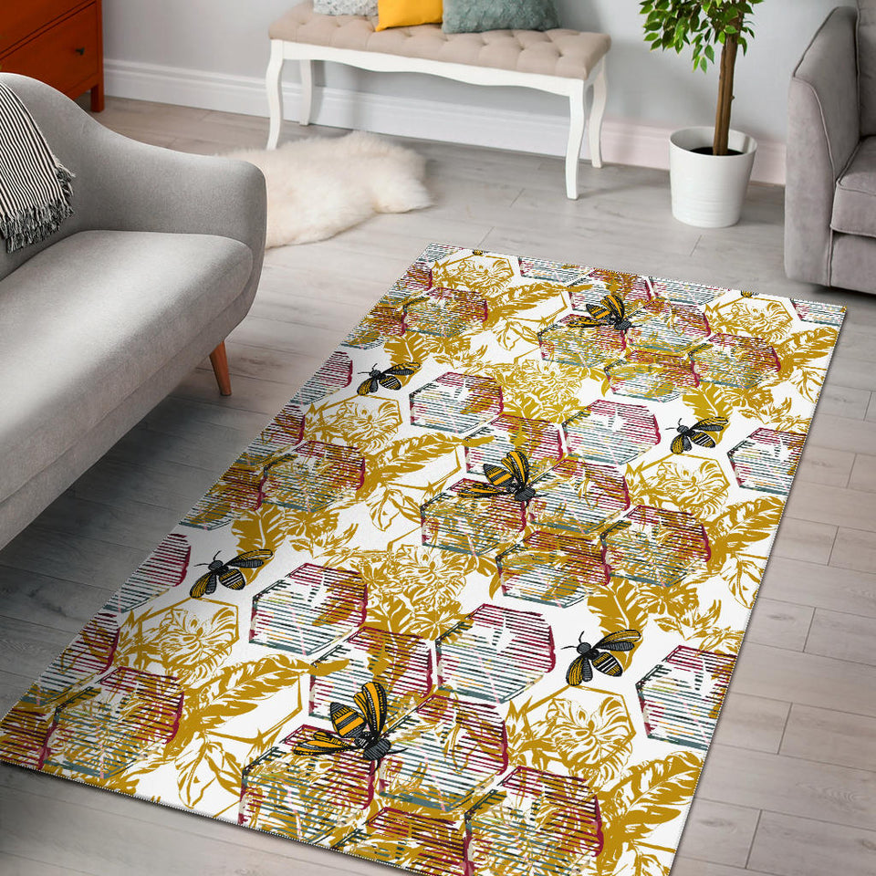 Cool Bee Honeycomb Leaves Pattern Area Rug