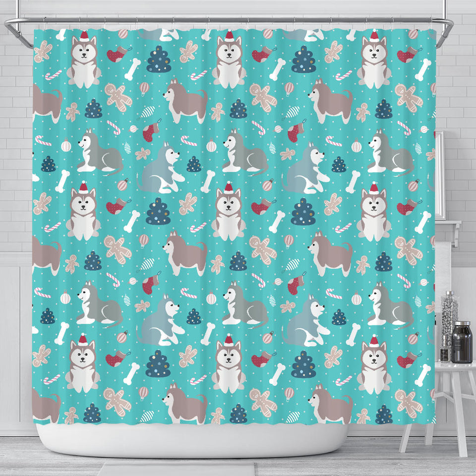 Christmas Cute Siberian Husky Puppie Pattern Shower Curtain Fulfilled In US