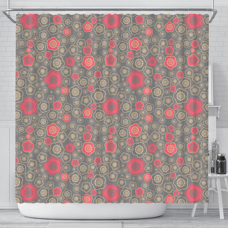 Red Gold Sakura Cherry Blossom Gray Background Shower Curtain Fulfilled In US