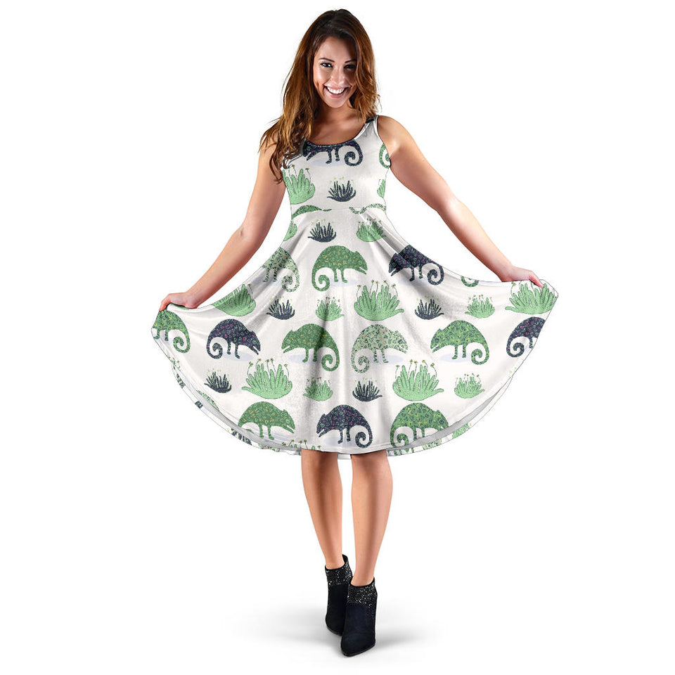 Chameleon Lizard Succulent Plant Pattern Sleeveless Midi Dress