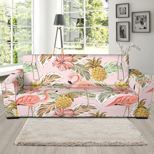 Pink Flamingo Birds Pineapples Hibiscus Flower Pattern Sofa Slipcover