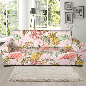 Pink Flamingo Birds Pineapples Hibiscus Flower Pattern Sofa Slipcover
