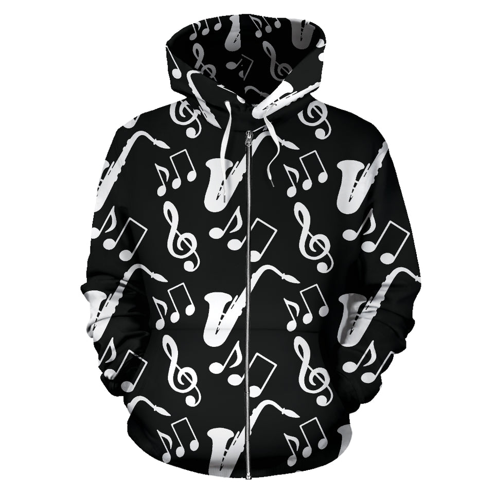 Saxophone Music Notes Treble Clef Black White Theme Zip Up Hoodie