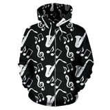 Saxophone Music Notes Treble Clef Black White Theme Zip Up Hoodie