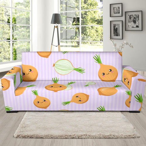 Cute Onions Smiling Faces Purple Background Sofa Slipcover