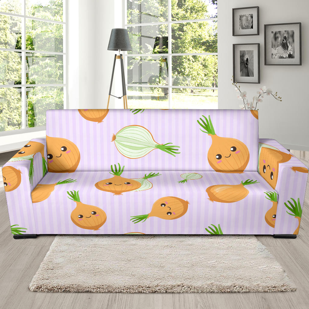Cute Onions Smiling Faces Purple Background Sofa Slipcover