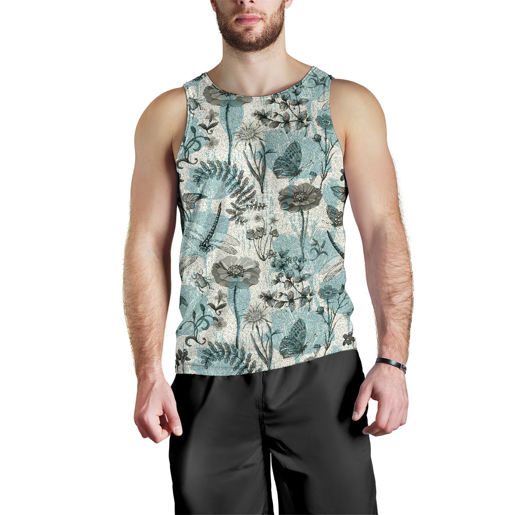 Dragonfly Butterfly Plants insect flower vintage style pattern Men Tank Top