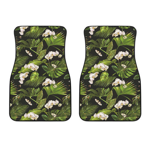 White Orchid Flower Tropical Leaves Pattern Blackground Front Car Mats