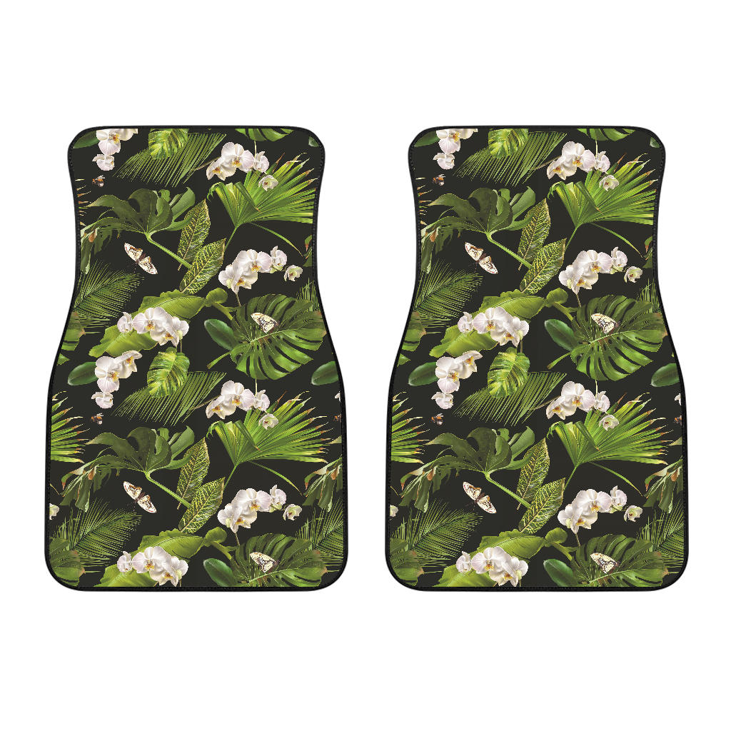 White Orchid Flower Tropical Leaves Pattern Blackground Front Car Mats