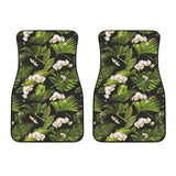 White Orchid Flower Tropical Leaves Pattern Blackground Front Car Mats
