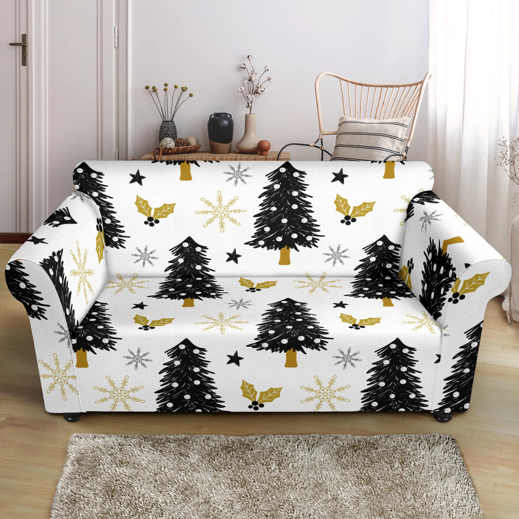 Christmas Tree Holly Snow Star Pattern Loveseat Couch Slipcover