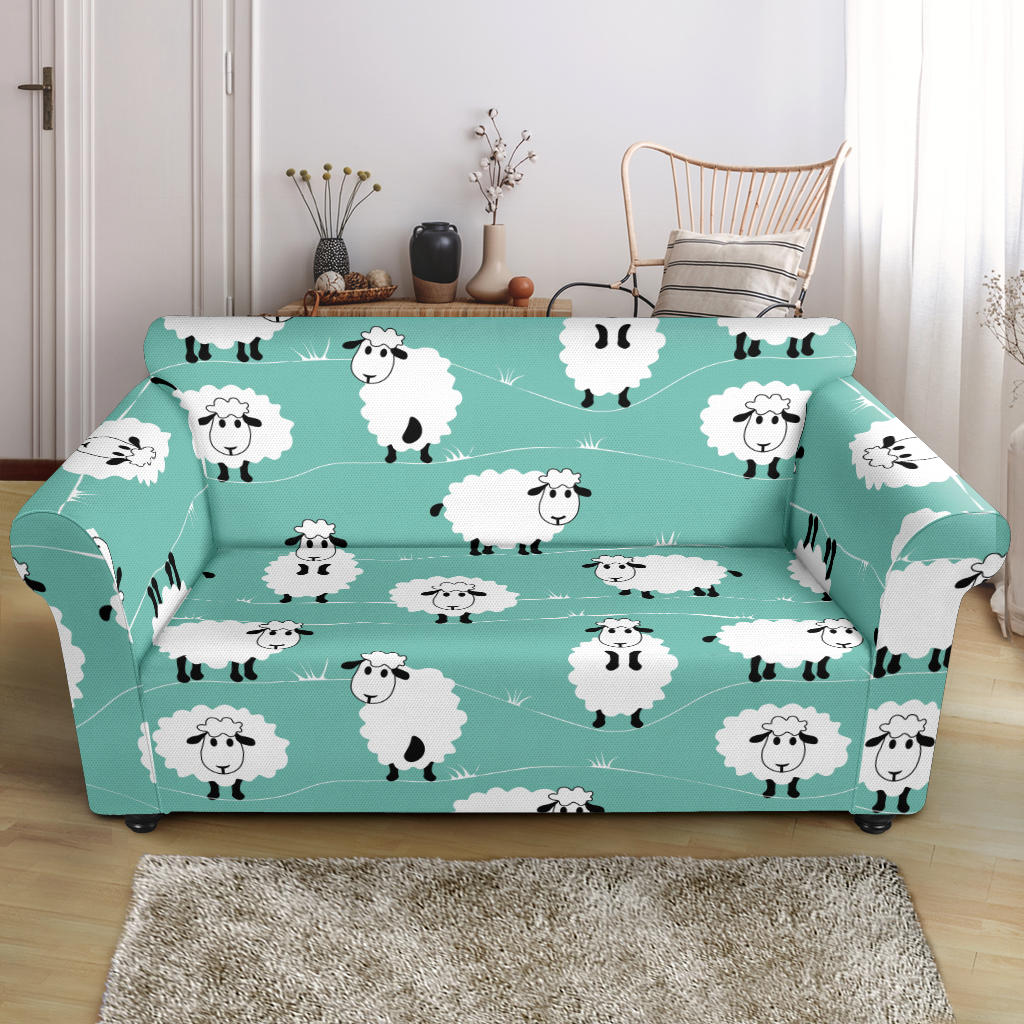 Cute Sheep Green Background Loveseat Couch Slipcover