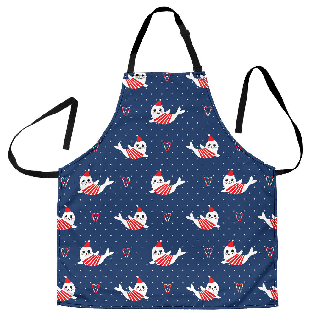Cute Sea Lion Seal Christmas Hat Candy Cane Heart Pattern Adjustable Apron