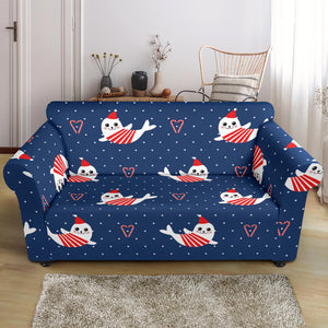 Cute Sea Lion Seal Christmas Hat Candy Cane Heart Pattern Loveseat Couch Slipcover