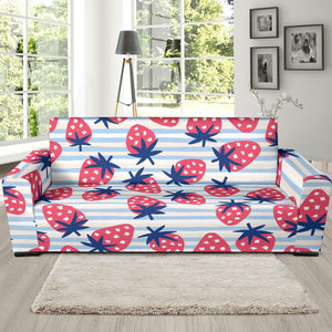 Strawberry Pattern Blue Lines Background Sofa Slipcover